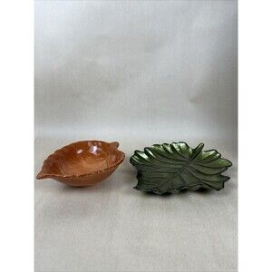 2 Autumn Decor Dishes- Maple Leaf Candy Trinket Dips Dish, Green Leaf Glass Dish